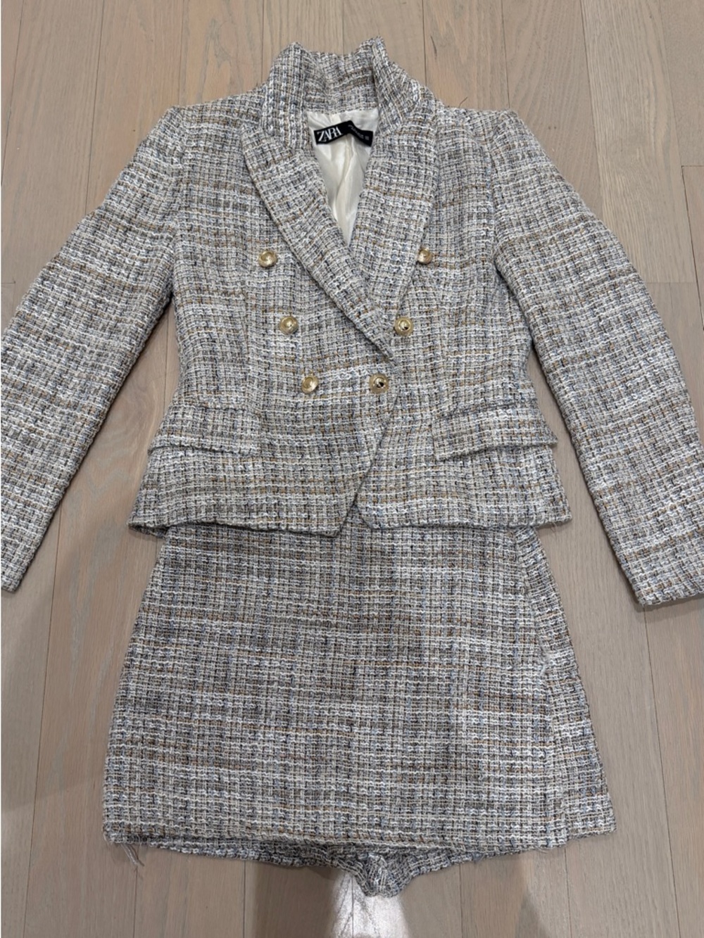 Zara Tweed Double-Breasted Blazer and Skort Set in Grey and Beige